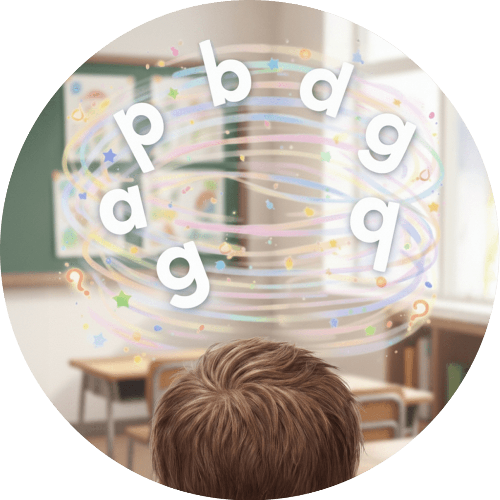 A digital illustration showing the back of a child's head in a classroom, with the various letters swirling in a chaotic, rainbow-colored vortex above them, symbolizing the confusion and letter-reversing challenges associated with dyslexia.