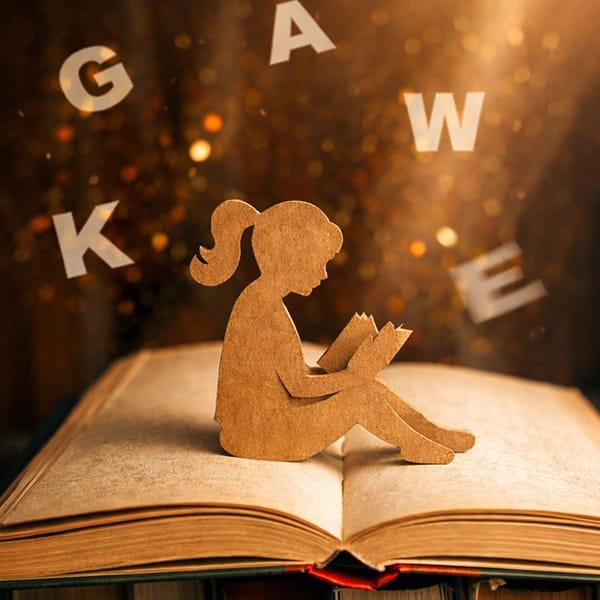 A cardboard cutout of a young girl with a ponytail sits on an open, weathered book, appearing to read. Large white letters including G, A, W, K, and E float in the air above her against a warm, shimmering bokeh background.